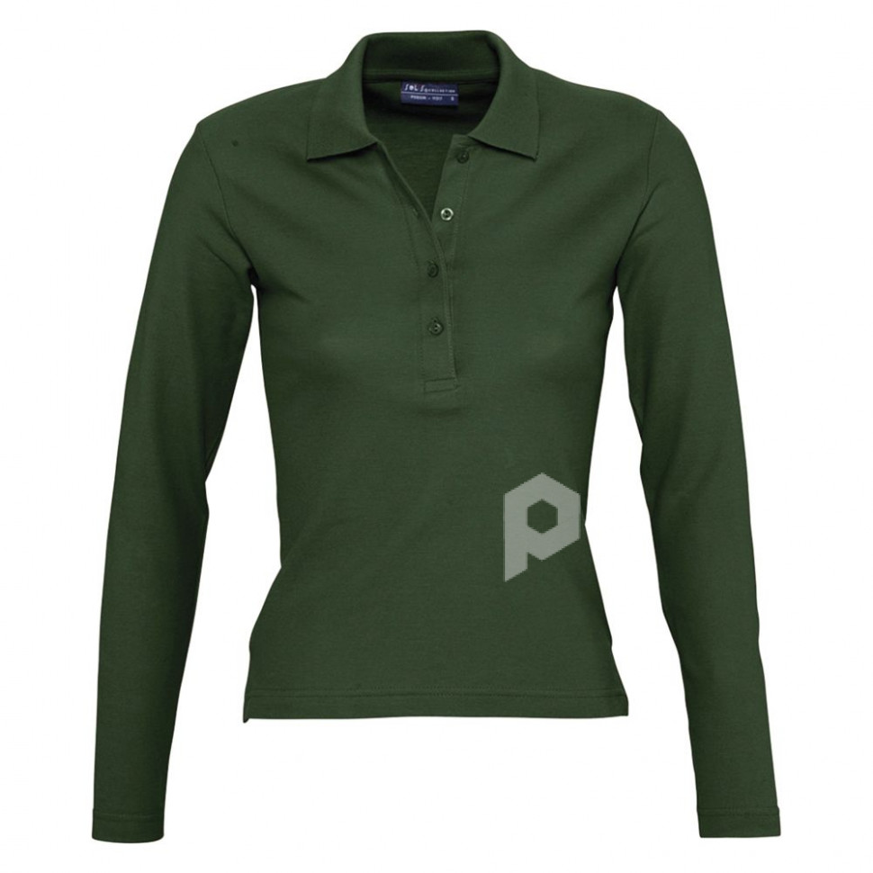 Рубашка поло женская с длинным рукавом Podium 210 темно-зеленая, арт. 11317275S фото 1 — Бизнес Презент